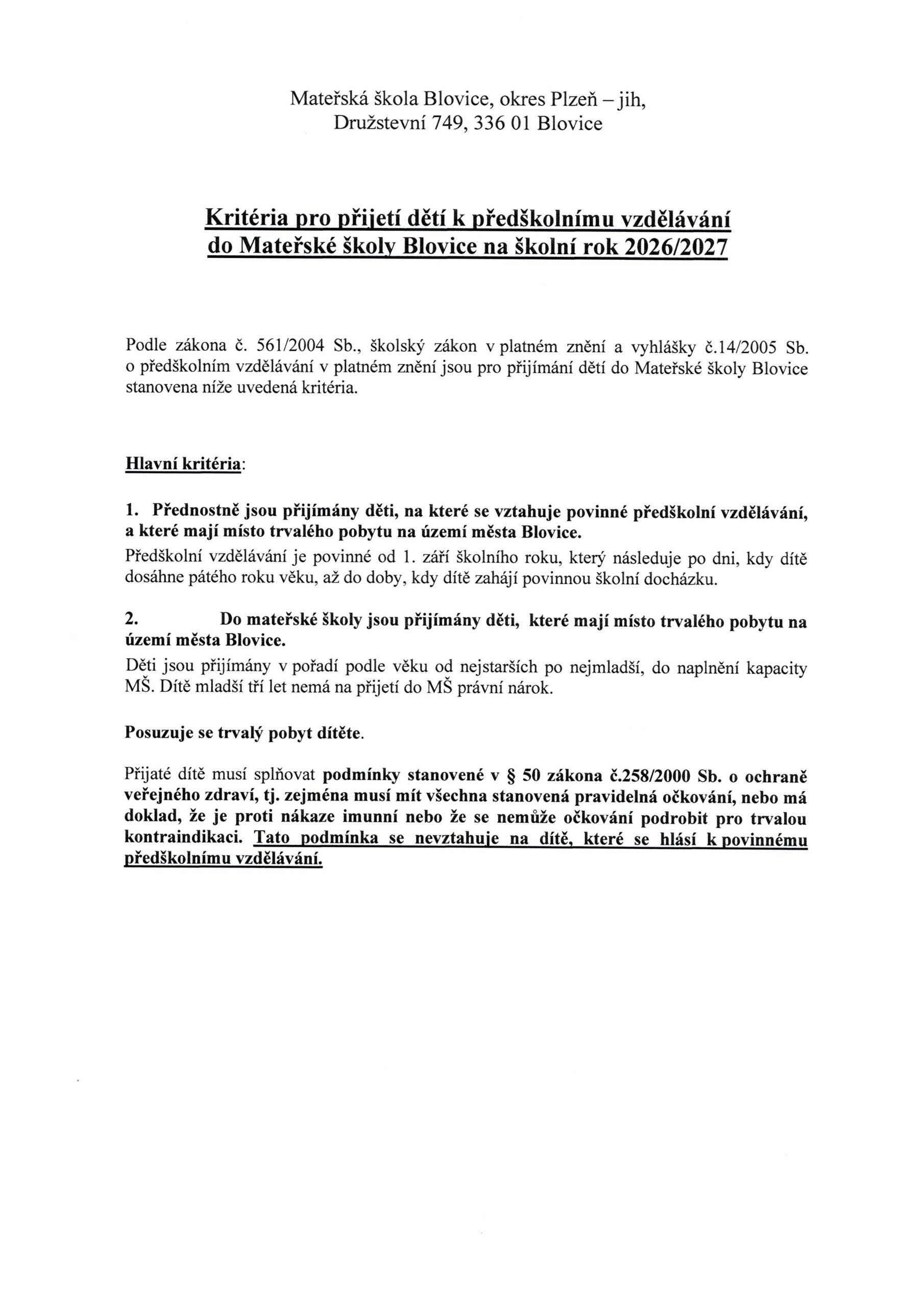 Kritéria přijetí do MŠ