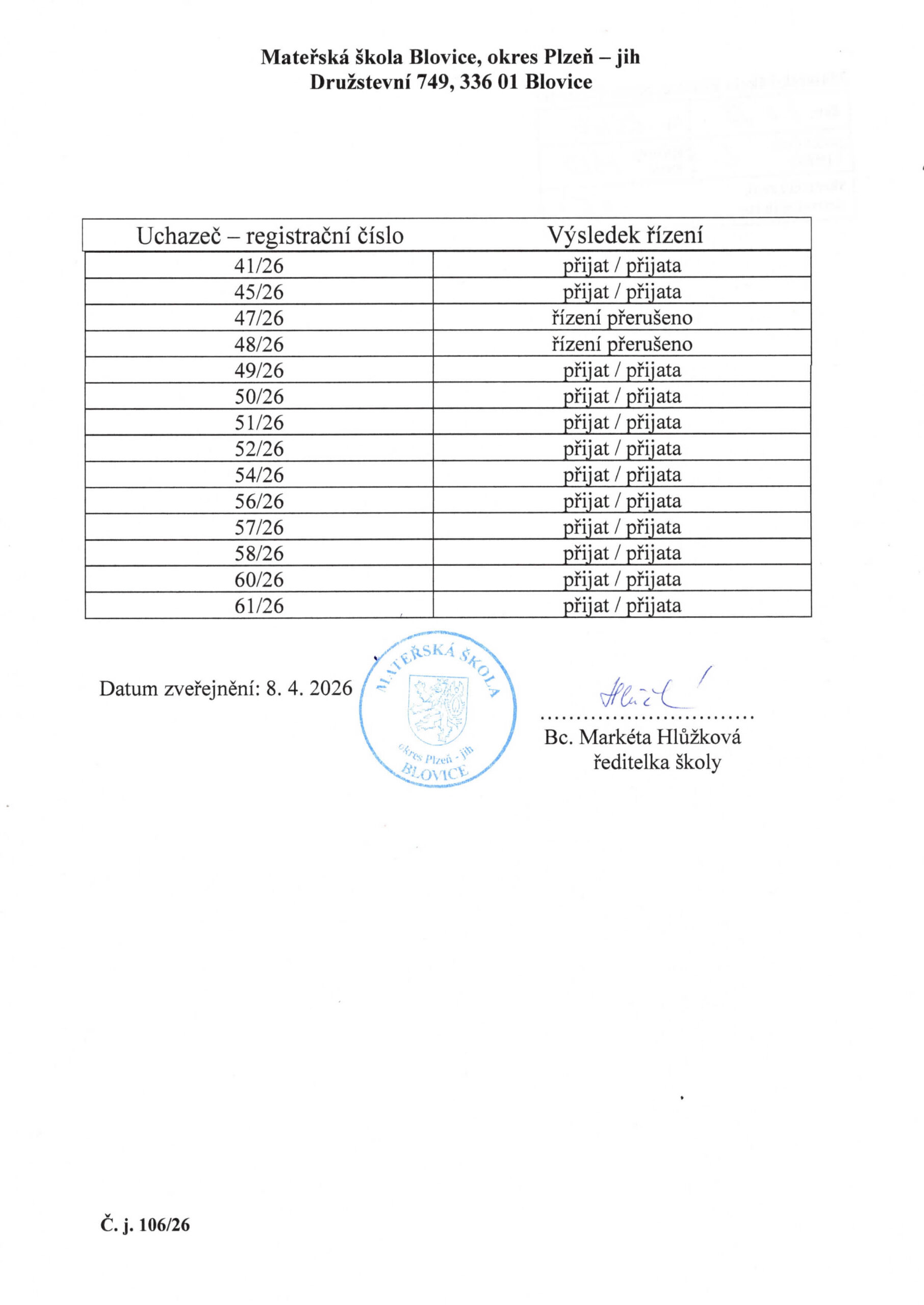 Rozhodnutí o přijetí 2026