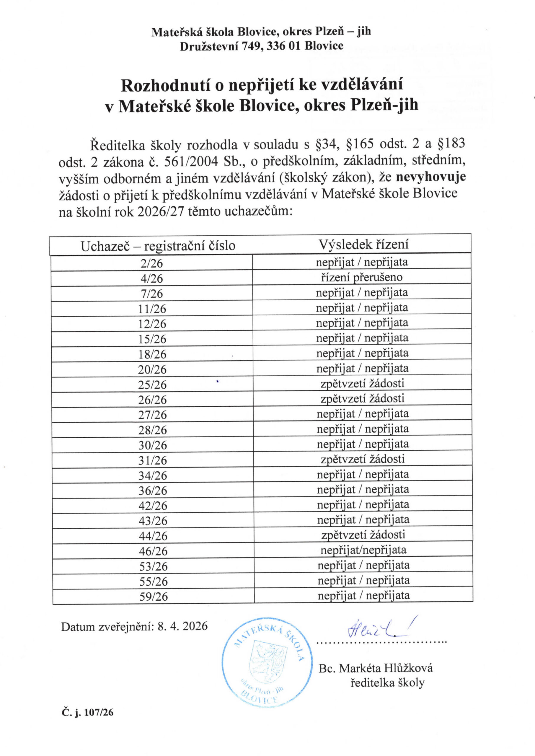 Rozhodnutí o nepřijetí 2026